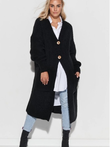 Cardigan lung negru tricotat cu nasturi si buzunare - S101