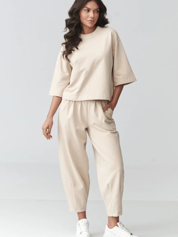 Compleu de trening bej cu pantaloni bufanti si bluza lejera - M916