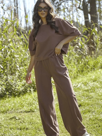 Compleu trening ciocolatiu din bumbac cu pantaloni conici si bluza lejera - NU475 - Img 5