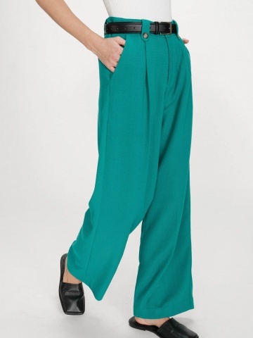 Pantaloni Pierre verde turcoaz drepti cu talie medie-inalta si pliuri