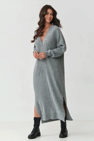 Pulover lung tip rochie cu decolteu in V, gri melange - Makadamia S161 - Img 2