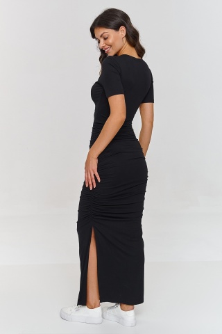 Rochie cu maneca scurta si incretituri, neagra - M872 - Img 3