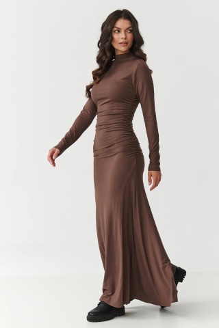Rochie maxi cu guler inalt si incretituri, maro ciocolatiu - M897 - Img 3