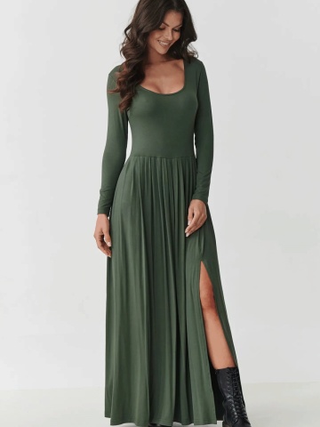 Rochie maxi kaki evazata cu maneca lunga si slit lateral - Makadamia M896