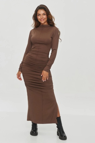 Rochie mulata cu drapaje si slit, maro - Makadamia M841 - Img 2