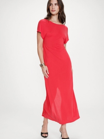 Rochie Peace rosu coral lunga lejera cu maneca scurta