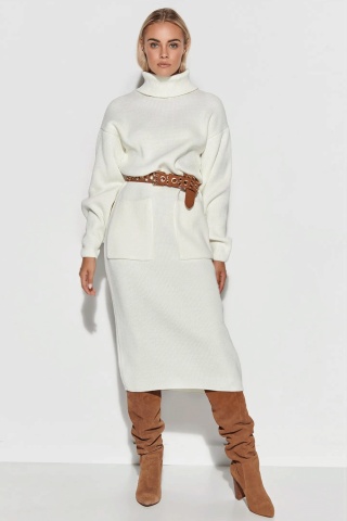Rochie tricotata tip pulover, cu guler inalt si buzunare, ivory - S105 - Img 2