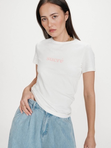 Tricou Vigée din bumbac ivory cu mesaj