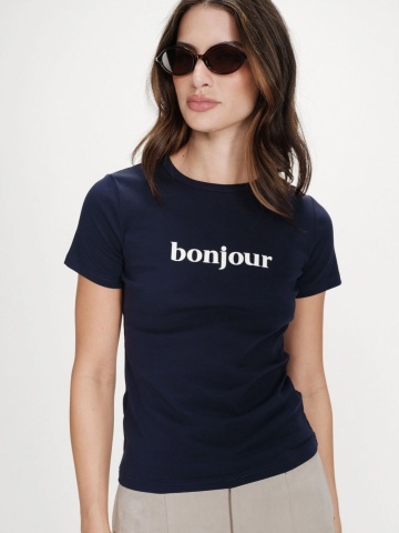 Tricou Vigée din bumbac navy blue cu mesaj - Img 2