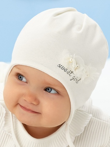 Caciula bebe, model crem din bumbac moale cu broderie florala Sweet Girl