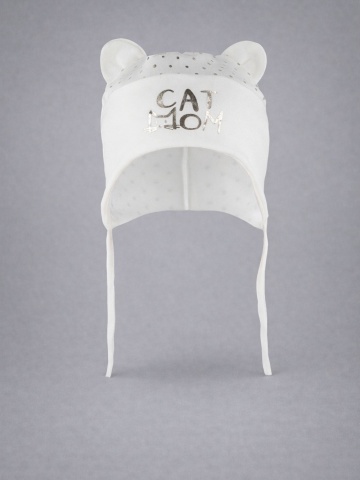 Caciula bebelusi, model crem din bumbac, cu urechiuse si textul "CAT MOM" - Img 2