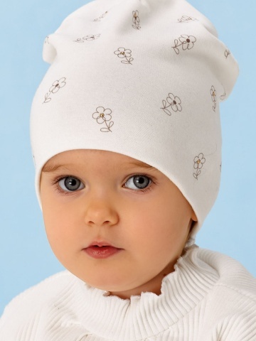 Caciula fete, din bumbac crem cu imprimeu floral minimalist - AJS