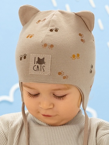 Caciula pentru baieti de bumbac bej cu urechiuse si design pisica - AJS