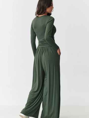 Compleu dama cu pantaloni largi si bluza cu incretituri, kaki - M892 - Img 6