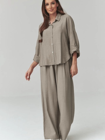 Compleu lejer mocha cu pantaloni largi si camasa - C49 - Img 2