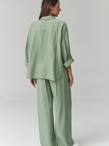 Compleu lejer verde olive cu pantaloni largi si camasa - C49 - Img 4
