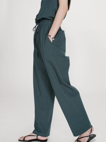 Pantaloni Rhode verde petrol drepti din bumbac cu talie ajustabila