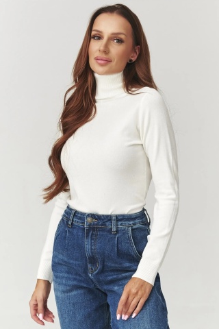 Pulover din tricot, cu guler inalt rulat, ecru - C11