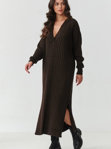 Pulover lung tip rochie cu decolteu in V, maro ciocolatiu - S161 - Img 3