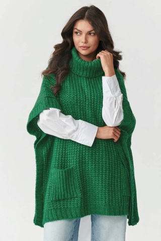 Pulover tip poncho cu guler inalt si buzunare, verde - S160
