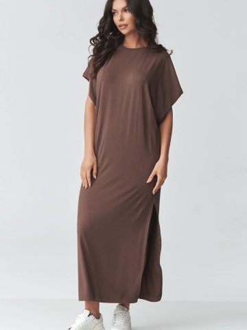 Rochie ciocolatie oversize lunga lejera cu slit lateral - M927 - Img 2