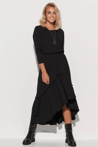 Rochie maxi din tricot, asimetrica cu volane, neagra - M573 - Img 2