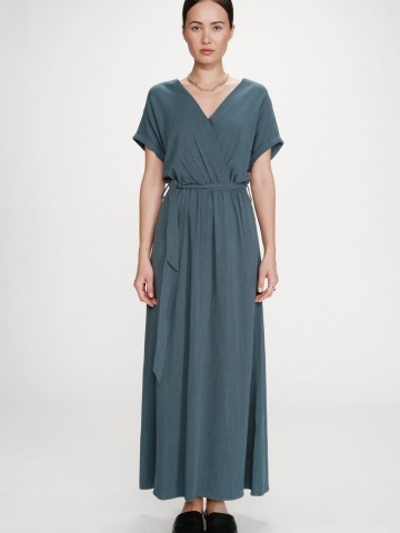 Rochie Pollen lunga verde petrol cu maneca scurta si cordon in talie - Img 4