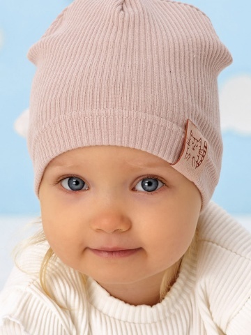 Caciula copii, model din bumbac roz, simplu, striat, cu patch pisica - AJS