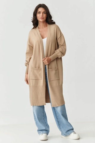 Cardigan dama clasic, lung cu buzunare, nisipiu - S167 - Img 2