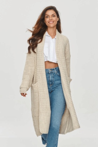 Cardigan lung cu buzunare mari, bej melange - S153