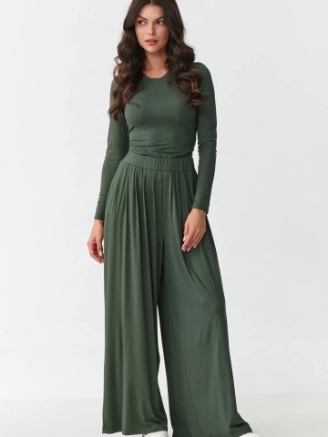 Compleu dama cu pantaloni largi si bluza cu incretituri, kaki - M892 - Img 4