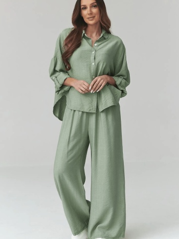 Compleu lejer verde olive cu pantaloni largi si camasa - C49