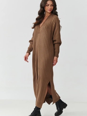 Pulover lung tip rochie cu decolteu in V, cappuccino - S161 - Img 3