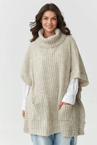 Pulover tip poncho cu guler inalt si buzunare, bej melange - S160