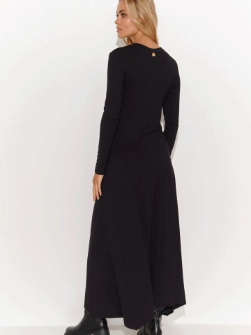 Rochie lunga neagra din tricot cu decolteu in V - Makadamia M809 - Img 2