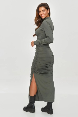 Rochie mulata cu drapaje si slit, kaki - M841 - Img 2