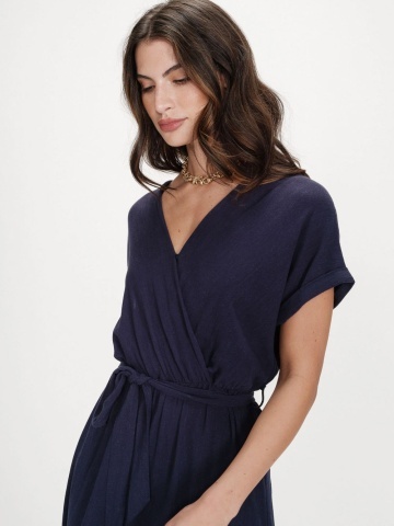 Rochie Pollen lunga navy blue cu maneca scurta si cordon in talie - Img 3
