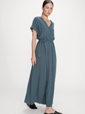 Rochie Pollen lunga verde petrol cu maneca scurta si cordon in talie