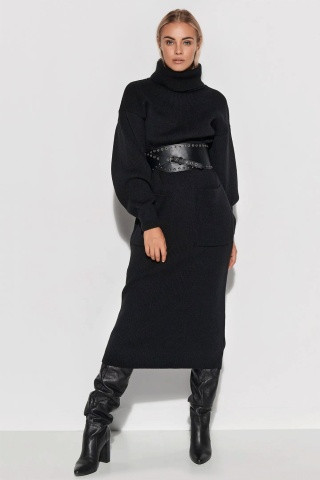 Rochie tricotata tip pulover, cu guler inalt si buzunare, neagra - S105