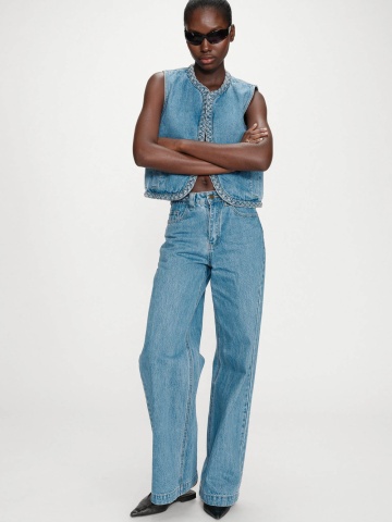 Blugi Jaden bleu wide-leg din bumbac cu talie inalta