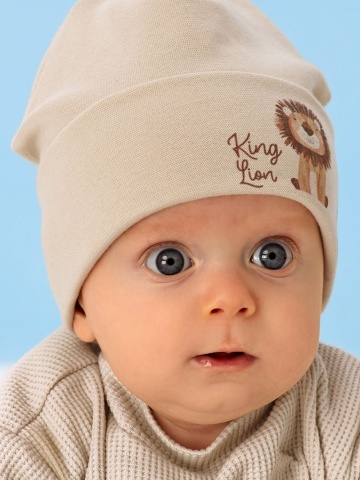 Caciula copii, model bej din bumbac cu ilustratie King Lion - AJS