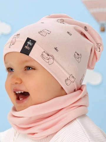 Caciula pentru fete bumbac roz somon cu model pisici - AJS