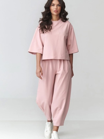 Compleu de trening roz pudra cu pantaloni bufanti si bluza lejera - M916 - Img 2
