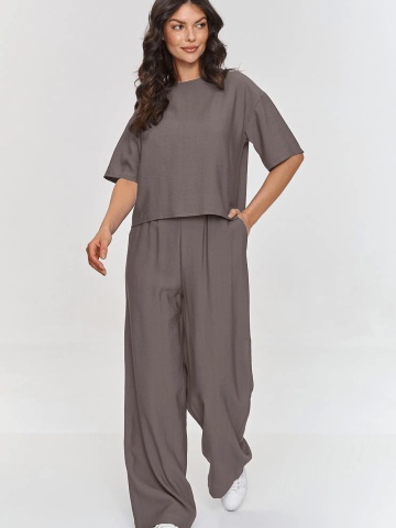 Compleu elegant mocha cu pantaloni largi si bluza dreapta - M881