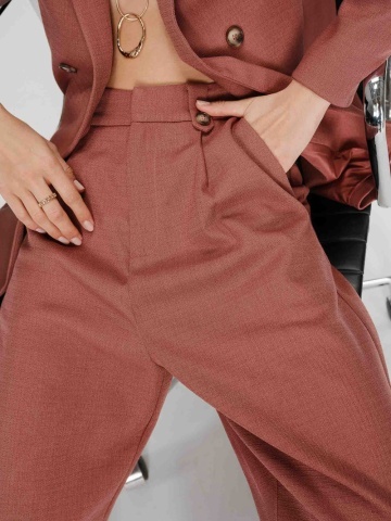 Pantaloni Pierre caramizii drepti cu talie medie-inalta si pliuri - Img 4