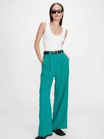 Pantaloni Pierre verde turcoaz drepti cu talie medie-inalta si pliuri - Img 2