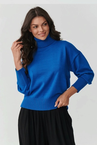 Pulover din vascoza guler inalt, albastru jeans - S165