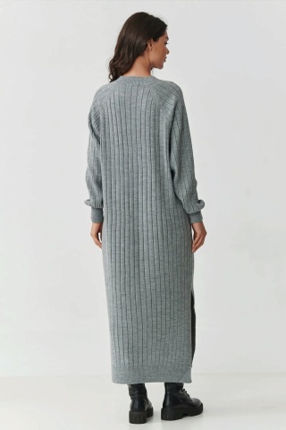 Pulover lung tip rochie cu decolteu in V, gri melange - Makadamia S161 - Img 3