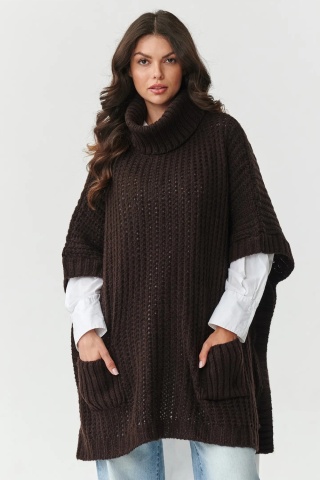 Pulover tip poncho cu guler inalt si buzunare, maro ciocolatiu - S160