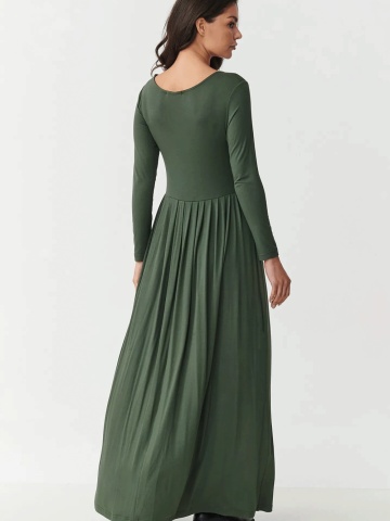 Rochie maxi kaki evazata cu maneca lunga si slit lateral - Makadamia M896 - Img 2